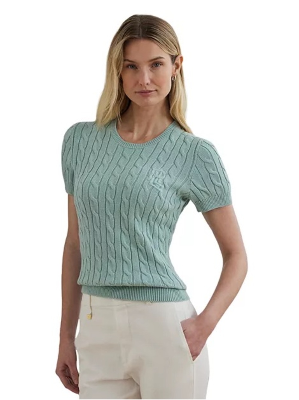 LAUREN Ralph Lauren Cable Knit Cotton Short Sleeve Sweater Tiffany Blue M